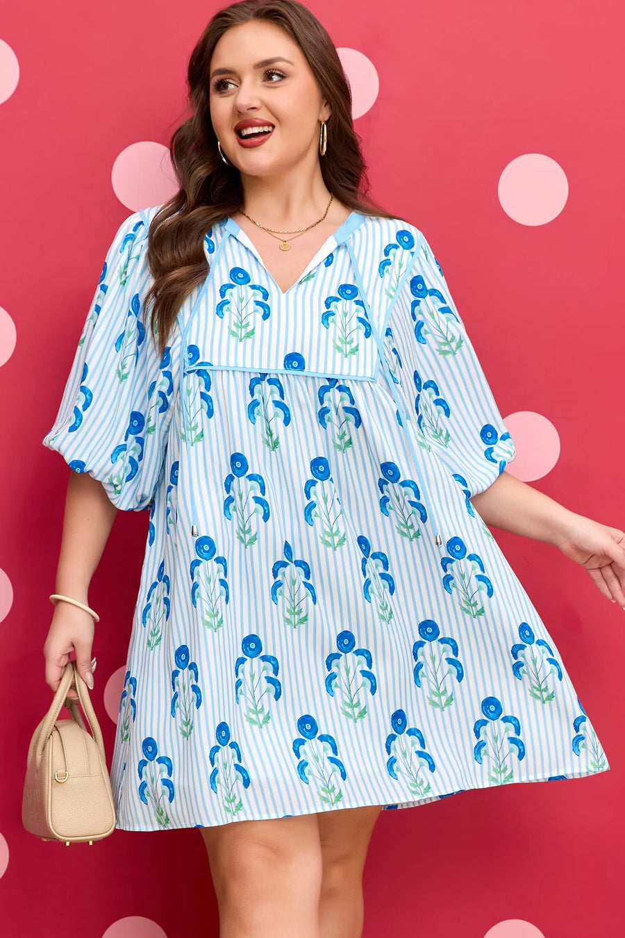 Sky Blue Plus Size Floral Striped Bubble Short Sleeve Dress Women UK — close-up detail