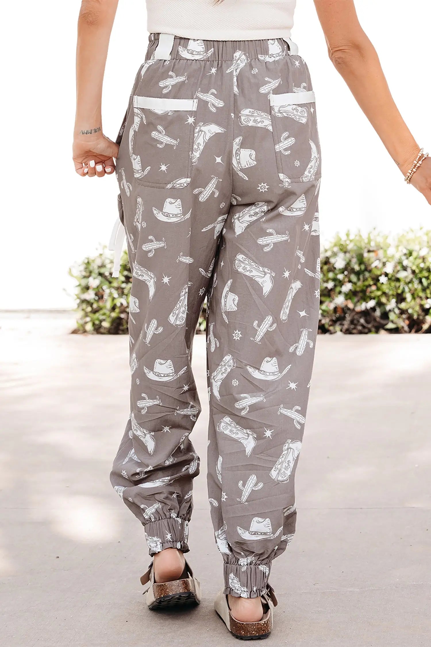 Western print vintage drawstring elastic hem jogger trousers with pockets joggers