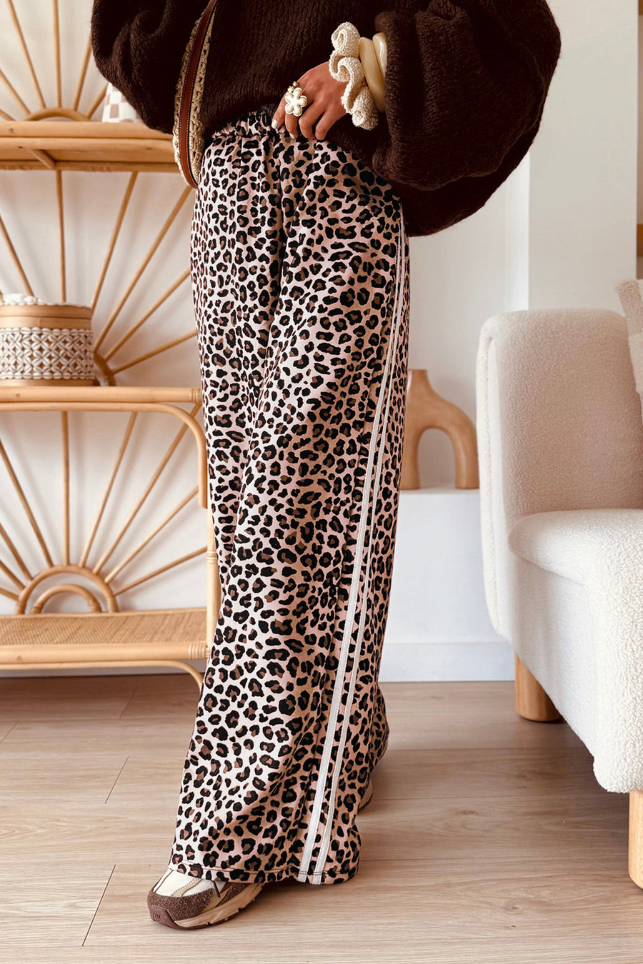 Leopard trousers side view showing wide leg silhouette — Fashionfitz UK