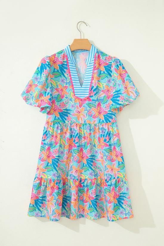 Floral Contrast Scallop Trim V-Neck Mini Dress Women UK