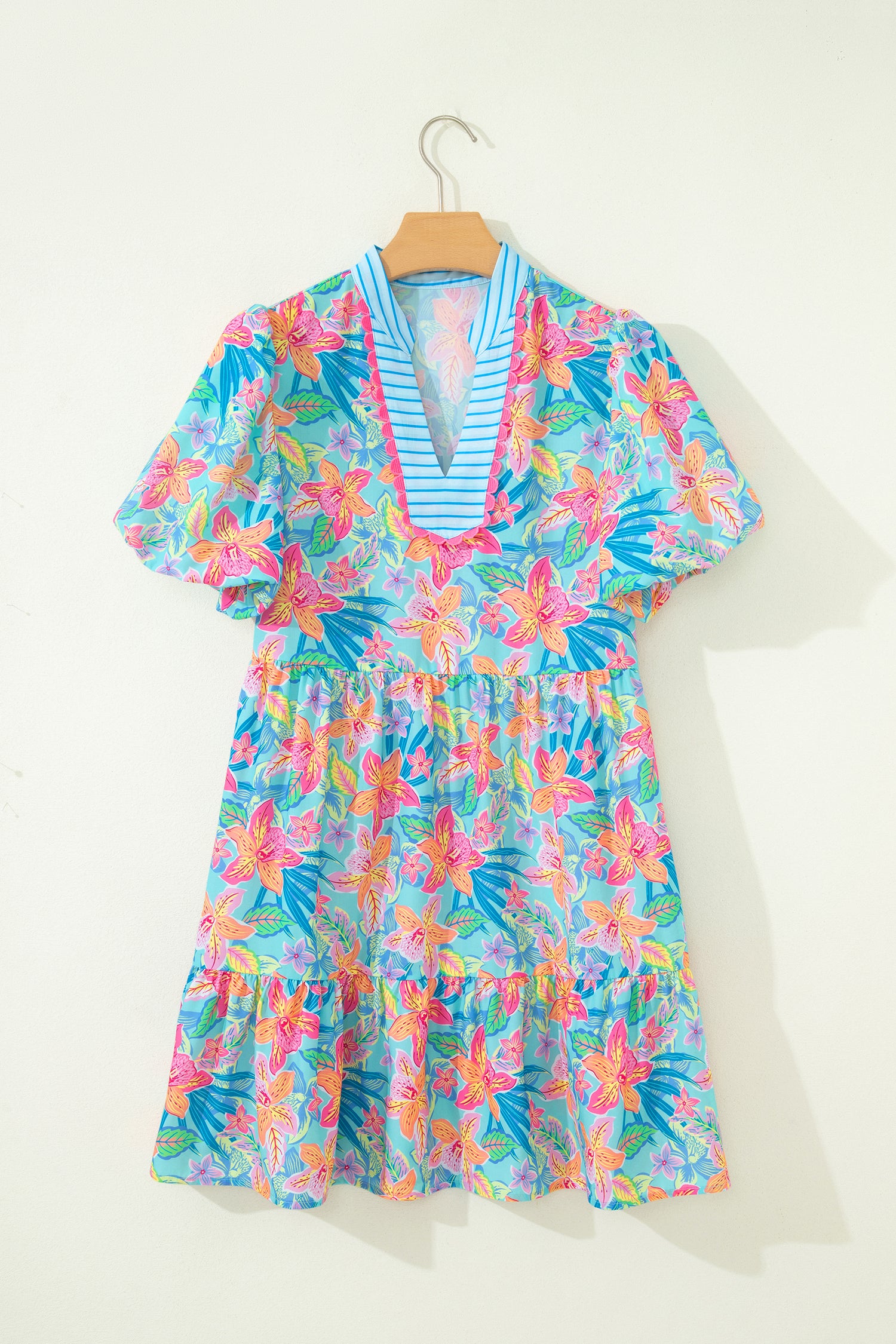 Floral Contrast Scallop Trim V-Neck Mini Dress Women UK