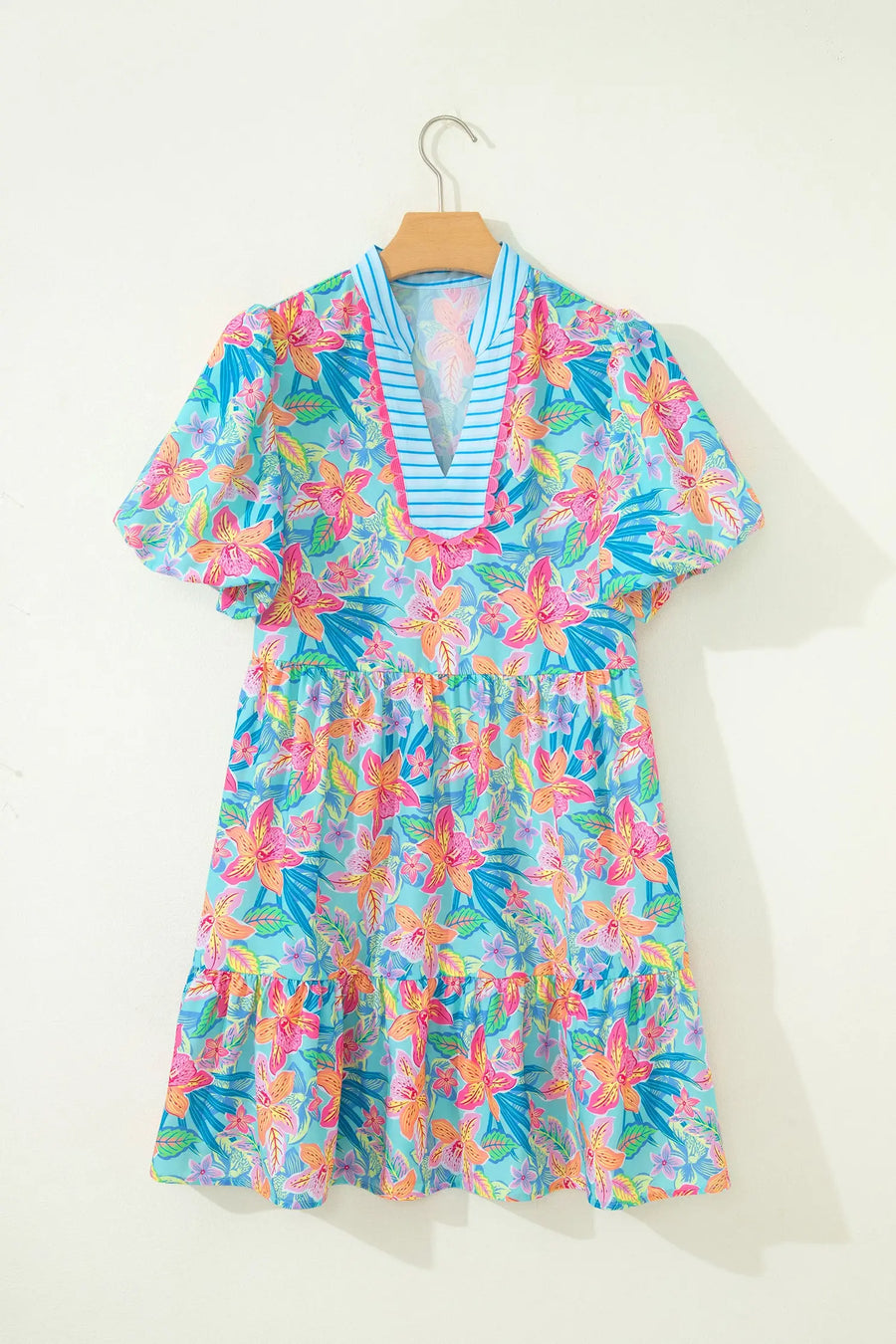 Floral Contrast Scallop Trim V-Neck Mini Dress Women UK
