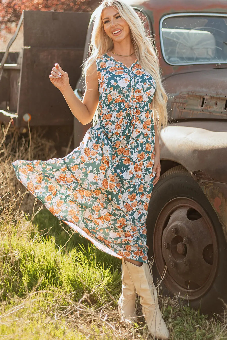 Green Floral Trimmed V Neck Tie Waist Sleeveless Maxi Dress Women UK — lifestyle view