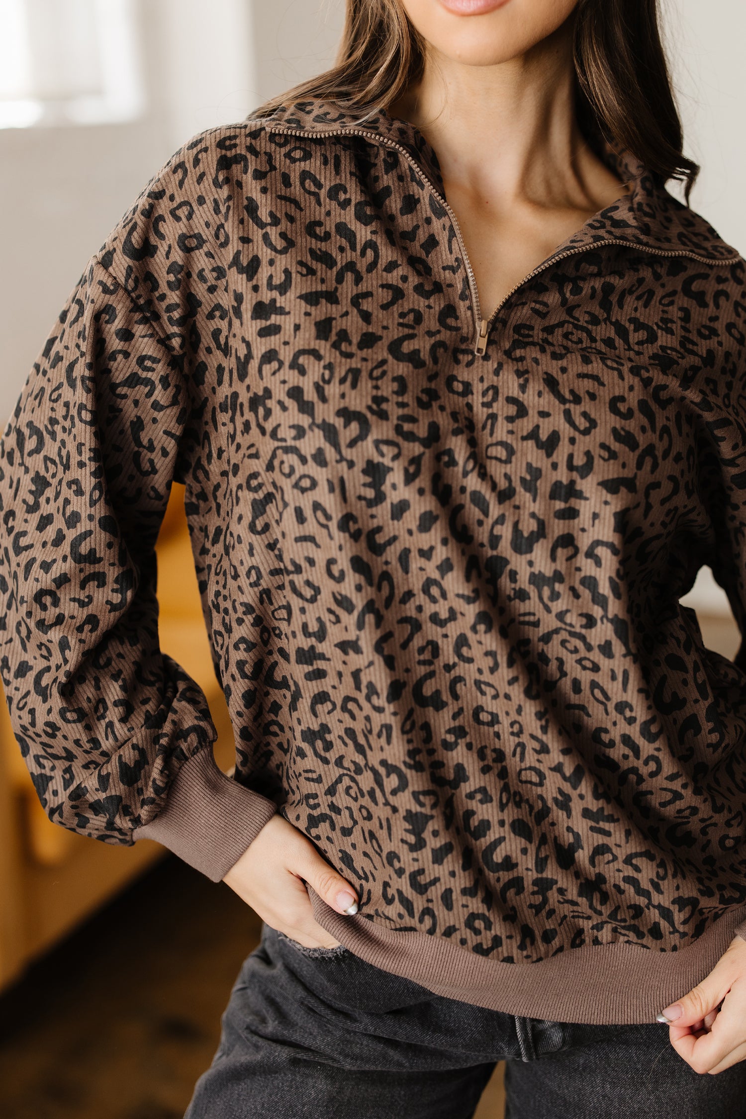 Brown Leopard Print Corduroy Half-Zip Jumper
