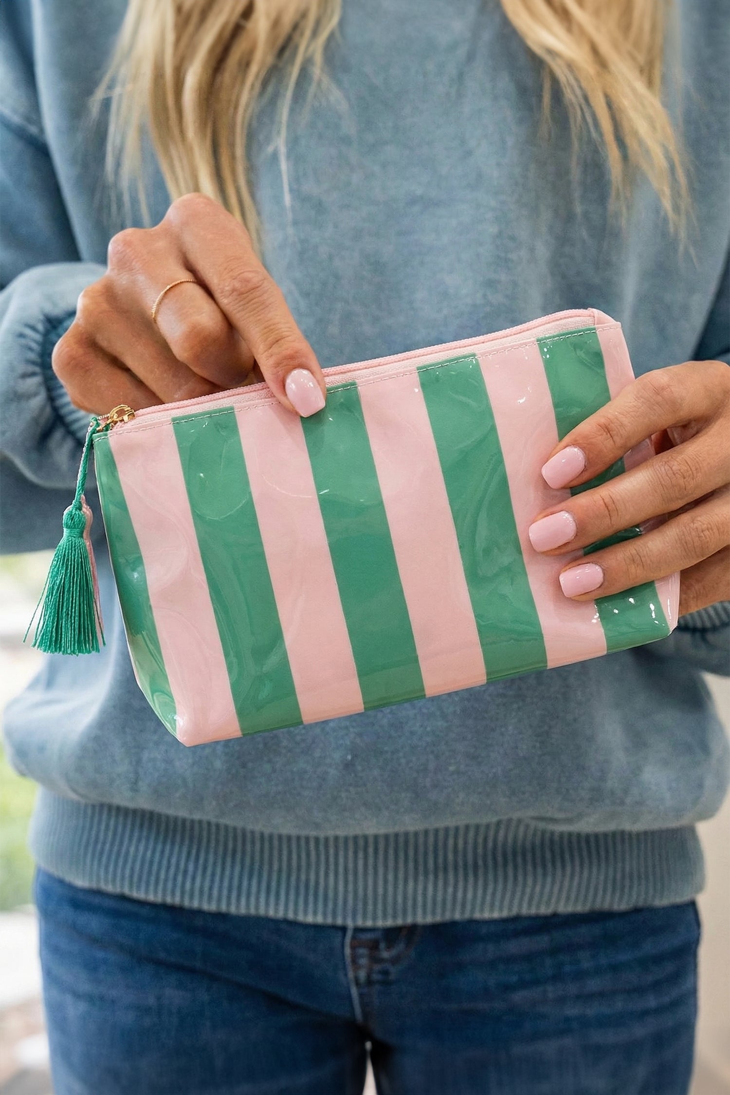 Striped Waterproof Tassel Zipper Makeup Bag Women UK