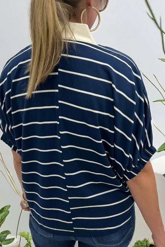 Black stripe v-neck stand collar dolman top women uk