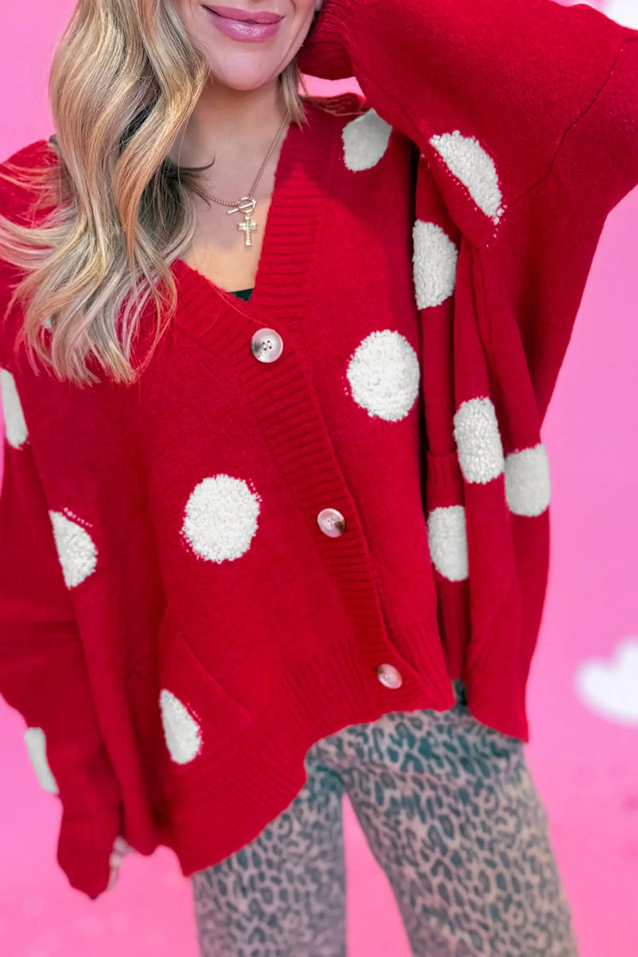 Polka Dot Button Front Oversized V-Neck Cardigan