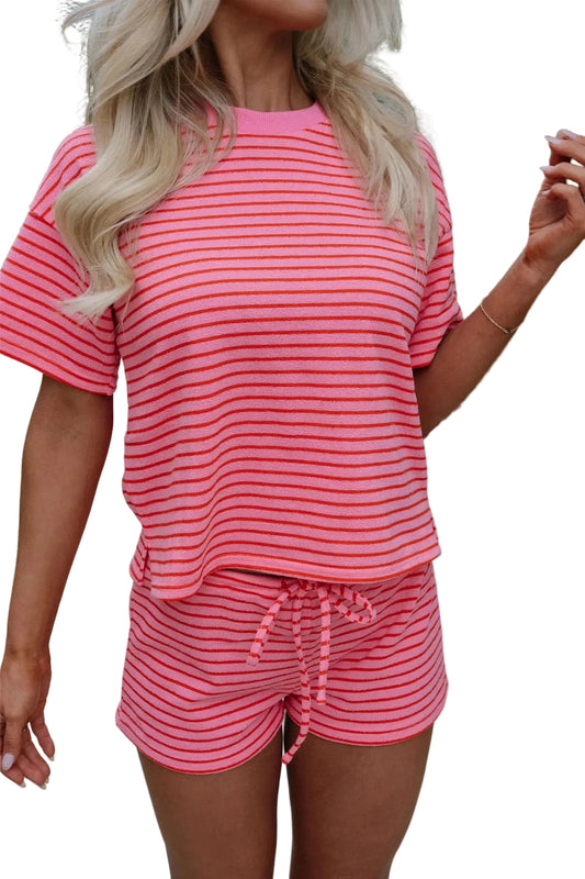 Rose stripe side split knit tee drawstring shorts set