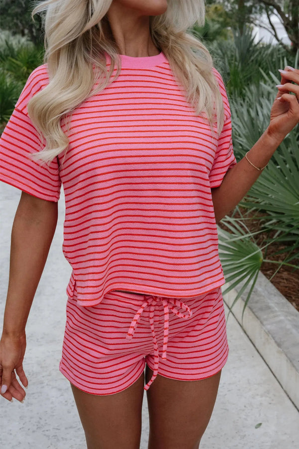 Rose stripe side split knit tee & drawstring shorts co-ord set outfit sets