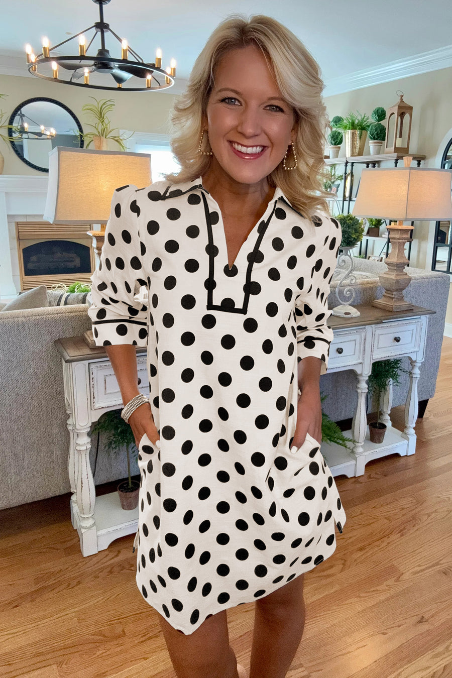 Polka dot collar pocketed mini dress — styled with white trainers