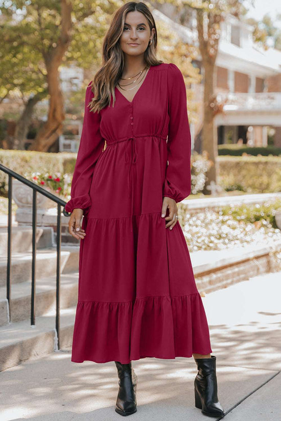Ladies Burgundy Long Sleeve Tiered Maxi Dress with V-neckline and drawstring waist, perfect for modern fall wardrobe styling.