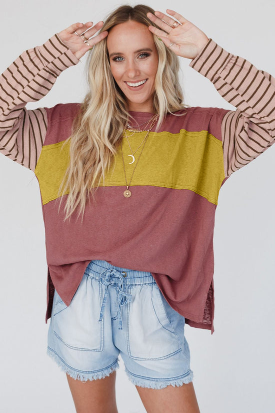 Green Colorblock Bishop Sleeve Top - Striped Casual Chic