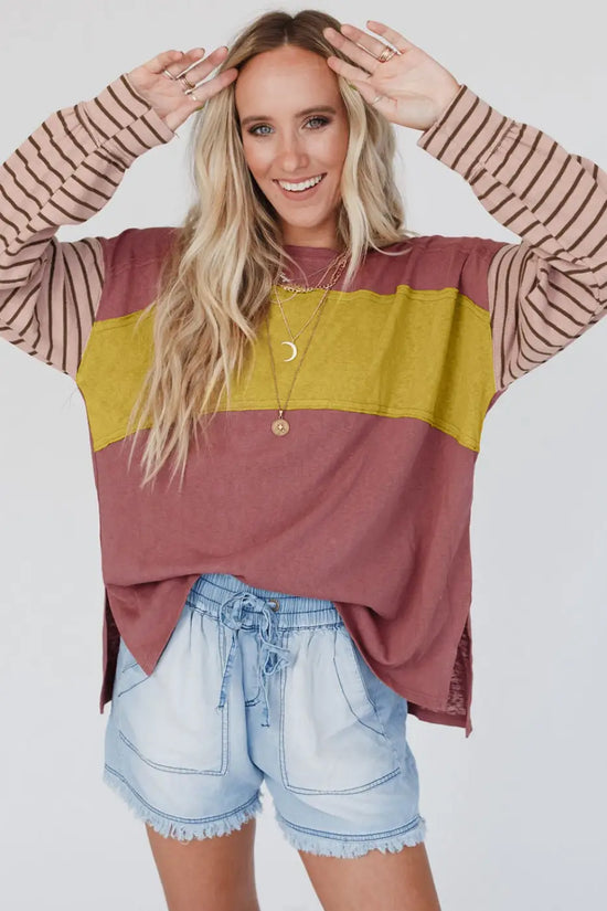 Green colorblock bishop sleeve top - striped casual chic