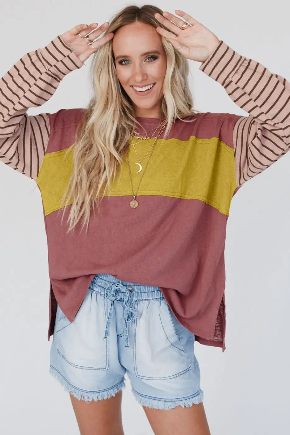Green colorblock bishop sleeve top - striped casual chic