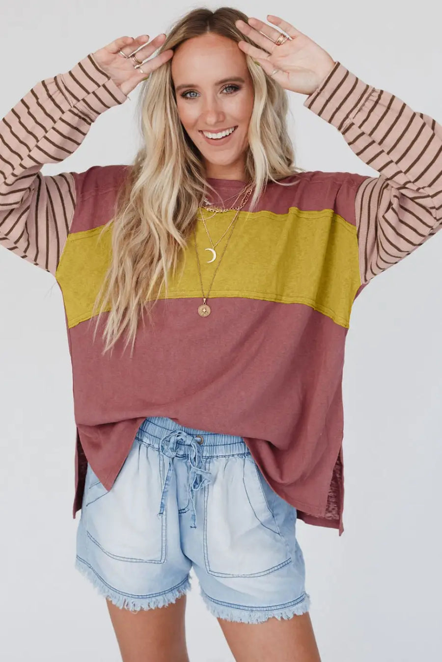 Green colorblock bishop sleeve top - striped casual chic