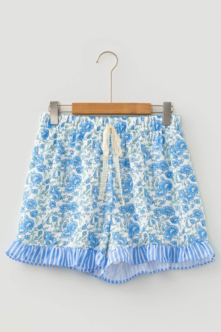 Floral Striped Ruffle Hem Lace Tie Shorts Women UK