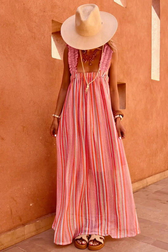Women’s striped ruffle strap ribbon knot boho maxi dress dresses