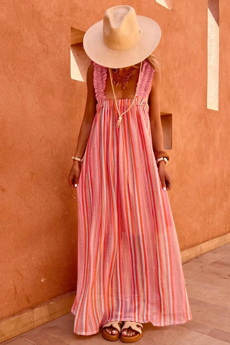 Women’s striped ruffle strap ribbon knot boho maxi dress dresses