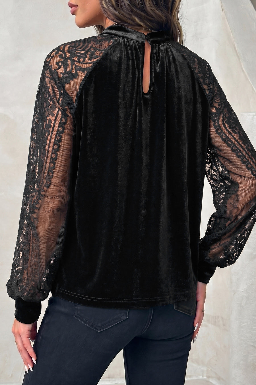 Sheer lace patchwork insert detail on velvet blouse — Fashionfitz UK