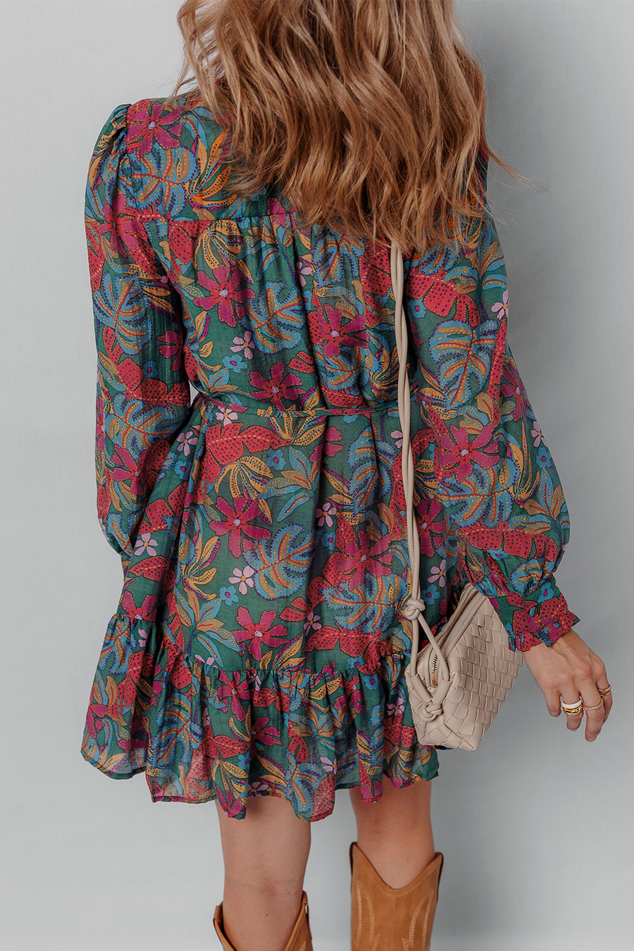 Green Floral Frill V Neck Puff Sleeve Ruffled Shirt Dress Women UK
