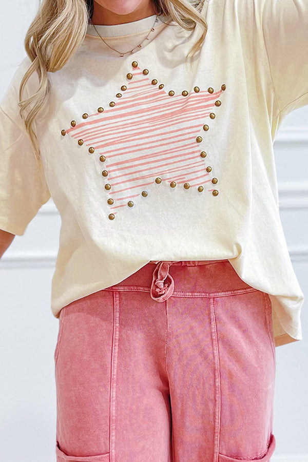 Star Print Stud Detail Drop Shoulder Cotton Tee Women UK
