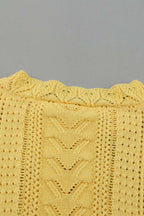 Neckline close-up of Yellow Crochet Lace Pointelle Knit Sweater, highlighting ribbed collar and fine pointelle knit pattern.