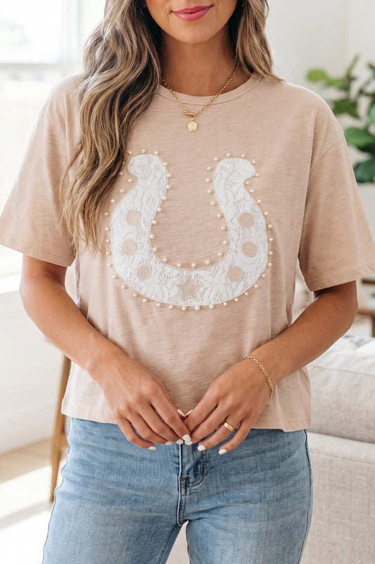 Lace Horseshoe Pearl Bead Graphic Western Short Sleeve Tee