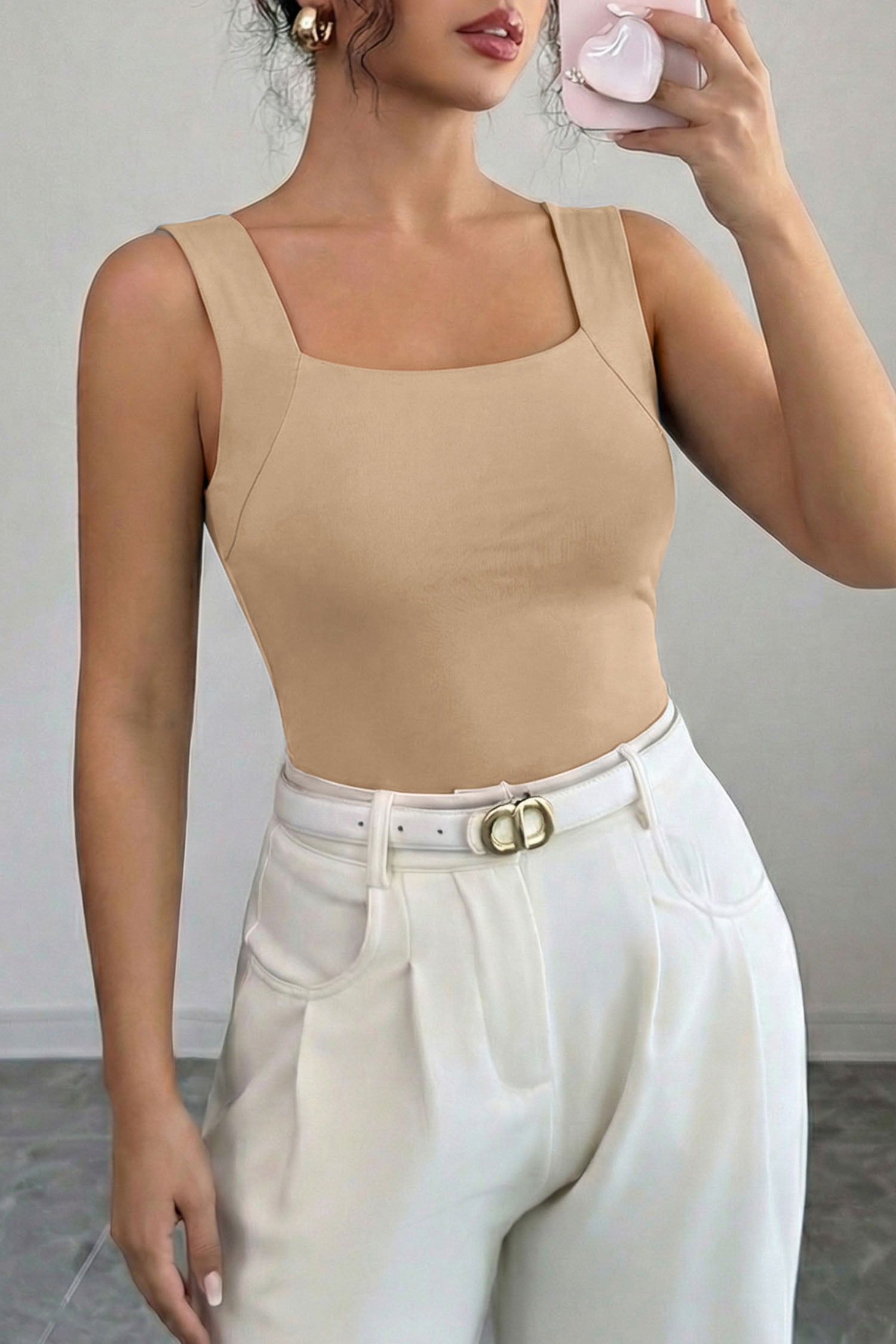 Wide Strap Splicing Athleisure Square Neck Tank Top Women UK