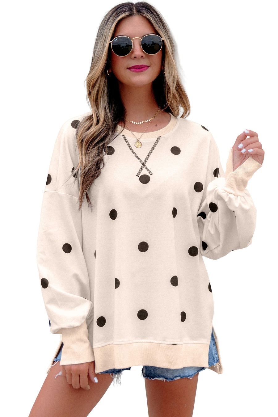 Polka Dot Long Sleeve Round Neck Tunic Sweatshirt