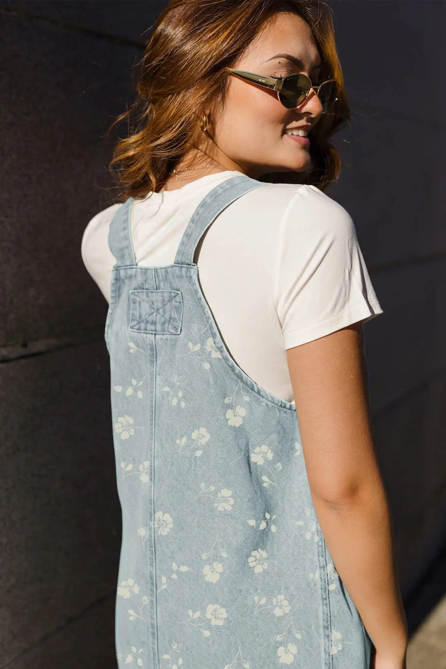 Sky Blue Retro Wash Denim Floral Print Overall Mini Dress Women UK