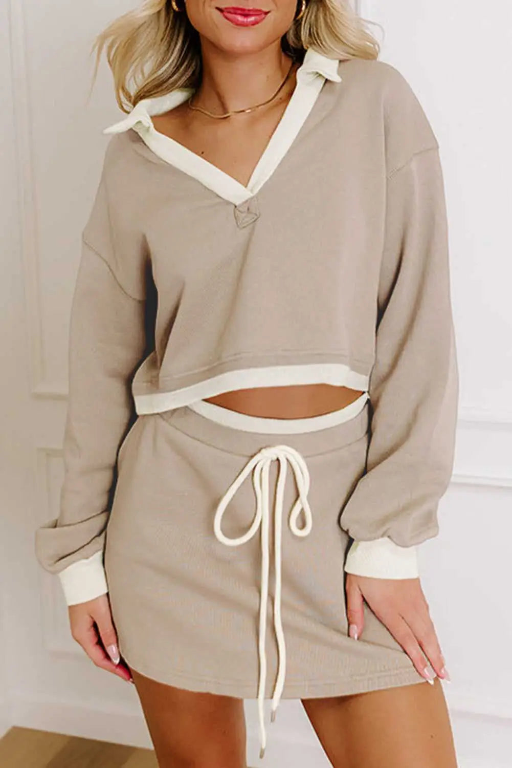 Cropped top drawstring skirt | trendy 2pc outfit set