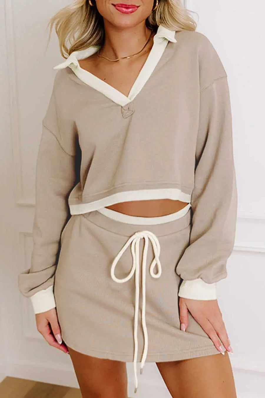 Cropped top drawstring skirt | trendy 2pc outfit set