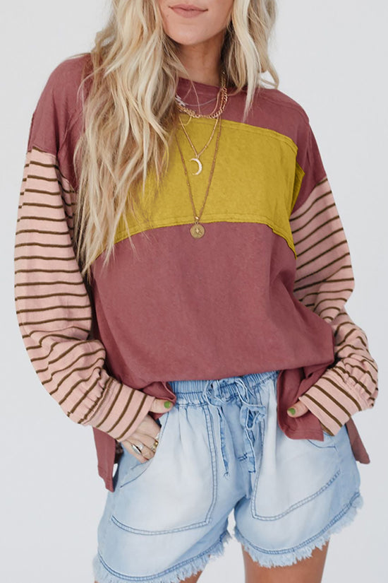 Green Colorblock Bishop Sleeve Top - Striped Casual Chic