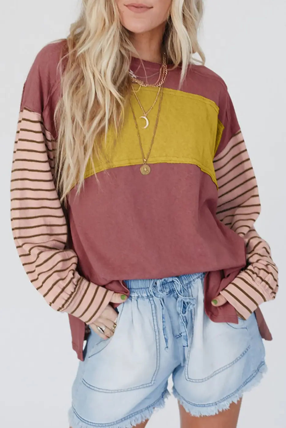 Green colorblock bishop sleeve top - striped casual chic