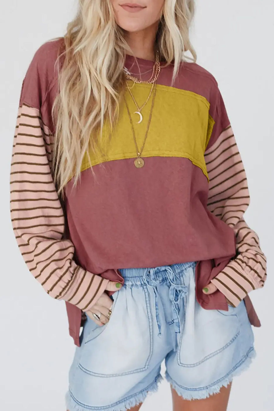 Green colorblock bishop sleeve top - striped casual chic