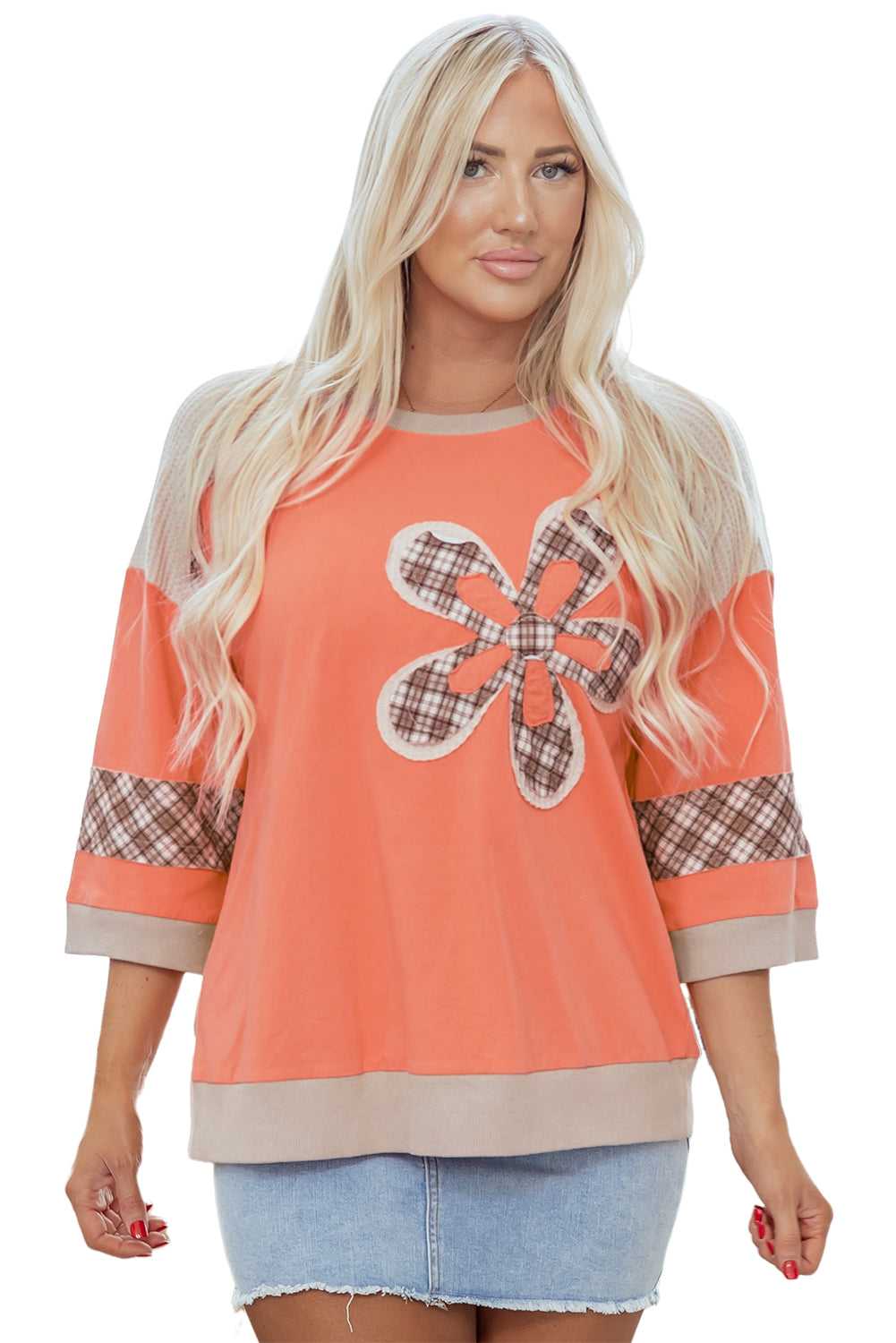 Orange Plaid Floral Top