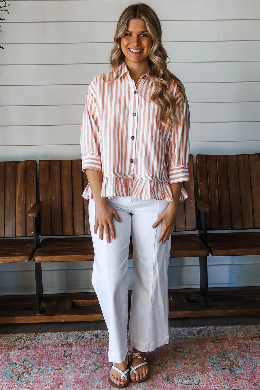 Stripe Button Front Ruffle Hem Bracelet Sleeve Shirt Women UK
