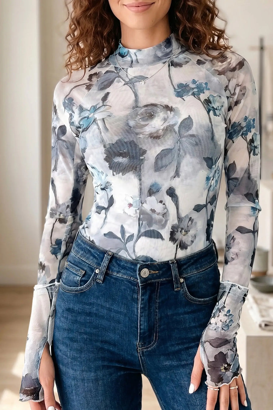 Sky blue floral mesh high neck long sleeve sheath top front view — Fashionfitz UK