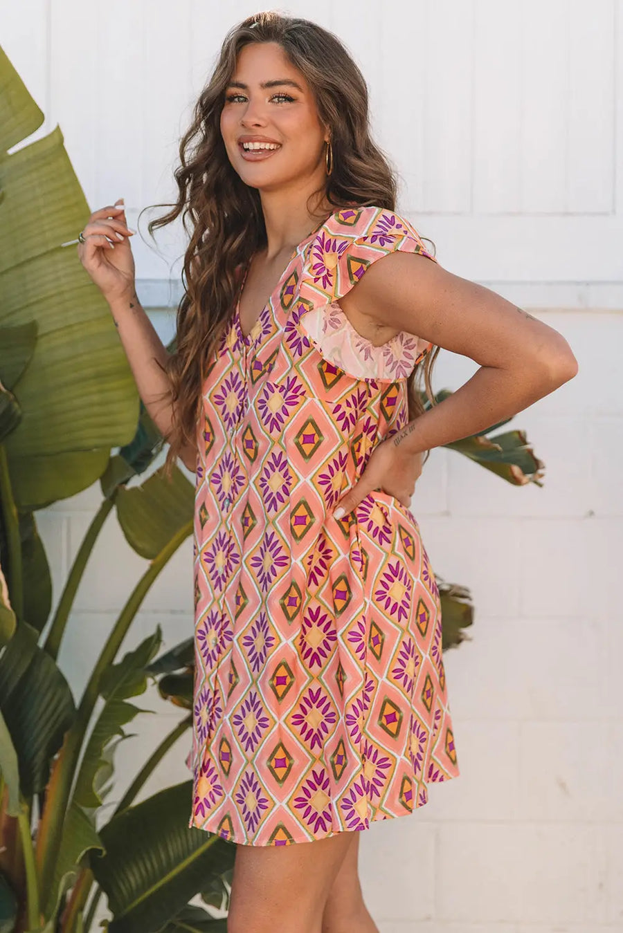 Orange Geometric Floral V Neck Buttoned Ruffled Mini Dress Women UK