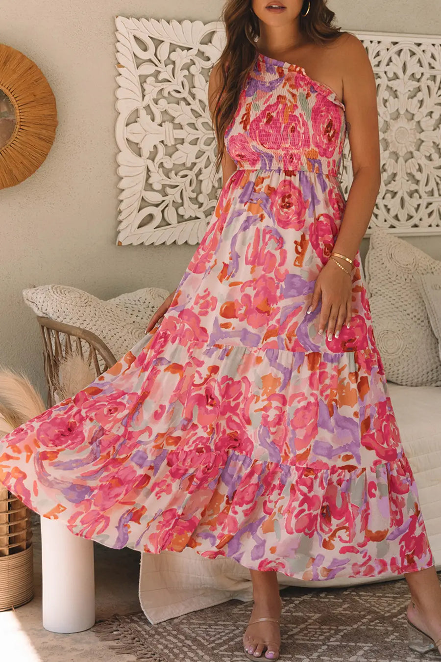 Pink Abstract Floral Shirred One Shoulder Maxi Dress Women UK