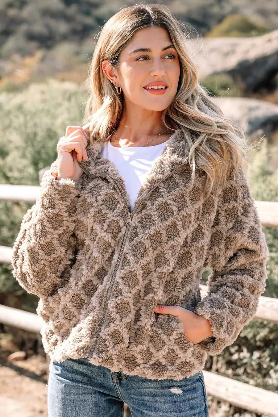 Camel Sherpa Fleece Jacket – Quilted Hooded Zip‑Up