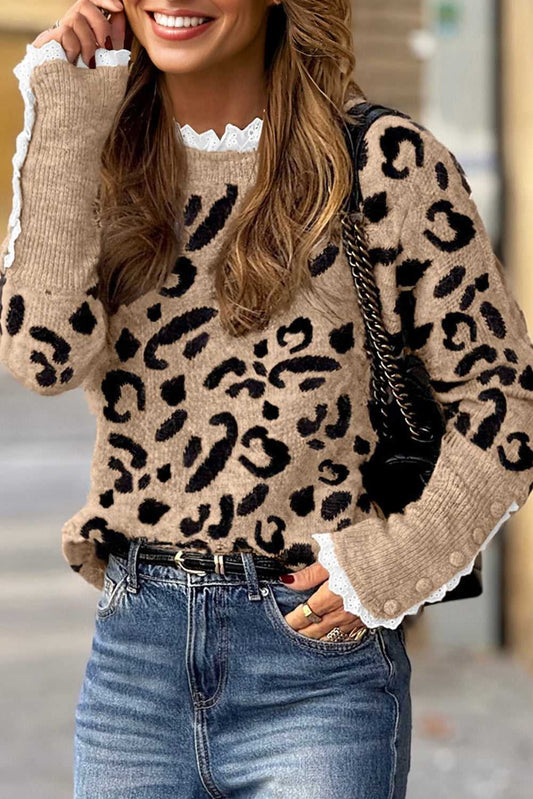 Leopard Lace Cuff Knit Sweater in brown with black leopard print and white lace trim, styled with jeans for a chic fall outfit.