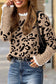Leopard Lace Cuff Knit Sweater in brown with black leopard print and white lace trim, styled with jeans for a chic fall outfit.