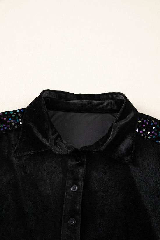 Black Sequin Puff Sleeve Velvet Peplum Shirt