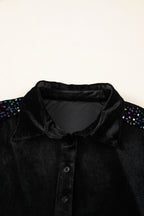 Black Sequin Puff Sleeve Velvet Peplum Shirt