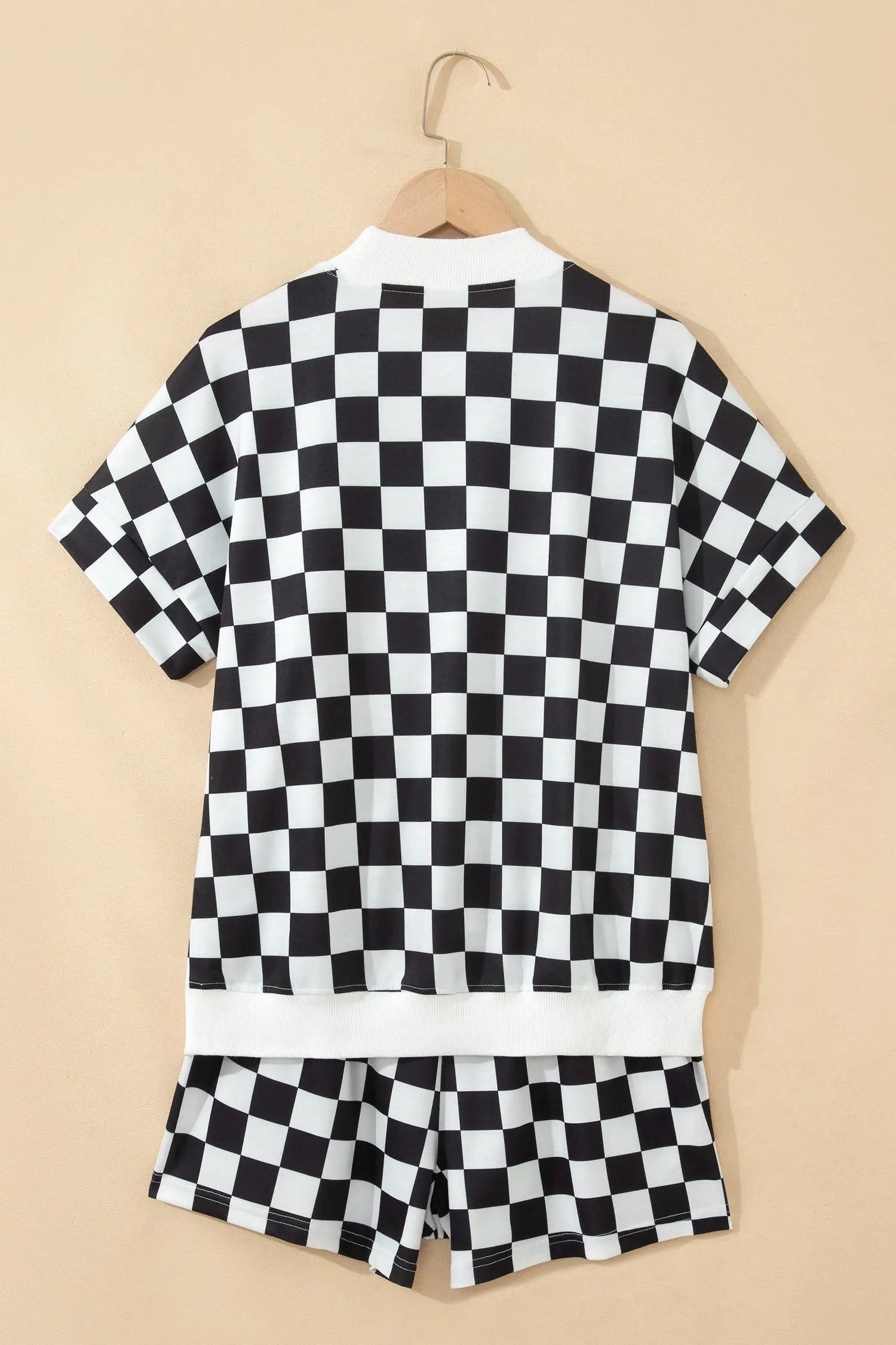 Checkered colour block trim mock neck short set outfit sets