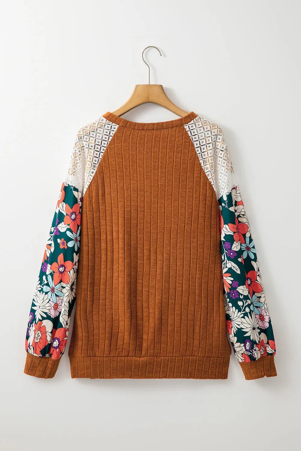 Floral Sleeve Ribbed Blouse - Fashionfitz
