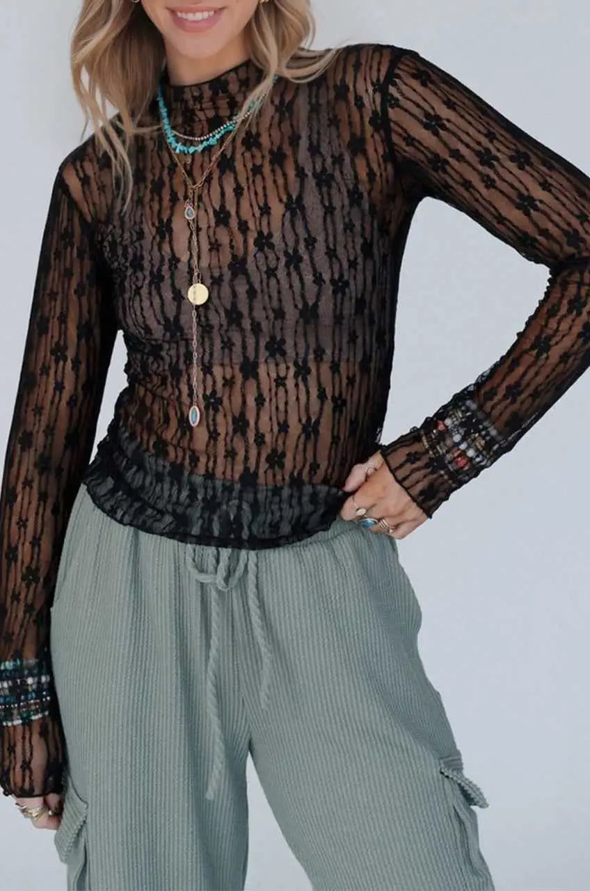 Sheer floral lace slim-fit top blouses