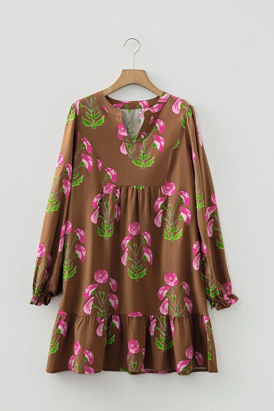 Brown Floral Babydoll Puff Sleeve Ruffle Hem Tunic Dress Women UK — close-up detail