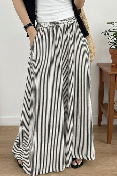 Stripe elastic high waist ultra wide leg pocketed trousers front view — Fashionfitz UK